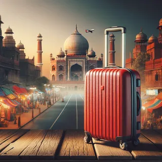 Изображение (не иллюстрация) только в очень реалистичном кинематографическом стиле. На изображении должен присутстовать красный туристический чемодан на колесиках. На изображении не должно быть людей.. Тема изображения: Дели: мегаполис контрастов и культурное сердце Индии