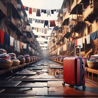 Кинематографическое изображение традиционной индийской прачечной Доби Гхат, заполненной рядами выстиранного белья, сушащегося на веревках. На переднем плане стоит красный чемодан на колесиках.