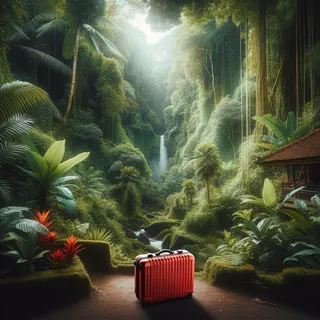 Национальный парк на Бали, тропические джунгли, красный туристический чемодан на фоне густой зелени, кинематографический стиль, реалистичное освещение