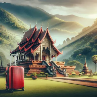 Изображение живописного храма в Чиангмае на фоне густых зелёных холмов с красным туристическим чемоданом на переднем плане, кинематографический стиль, реалистичная фотография