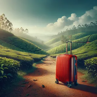 Изображение (не иллюстрация) только в очень реалистичном кинематографическом стиле. На изображении должен присутстовать красный туристический чемодан на колесиках. На изображении не должно быть людей.. Тема изображения: Чай на Шри-Ланке: История, виды, лучшие плантации и советы для туристов