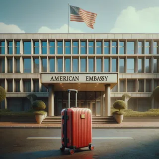 кириллический текст с как минимум одним красным туристическим чемоданом на колесиках на фоне американского посольства, очень реалистичный кинематографический стиль, без людей
