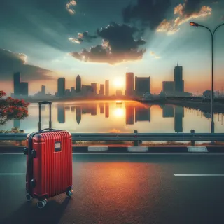 Красивый вид на горизонте Ченнаи с бликами закатного солнца, красный чемодан на колесах припаркован на тротуаре на переднем плане