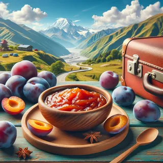 Круглая деревянная тарелка с ткемали, рядом лежит ложка, сочные яркие сливы и красный туристический чемодан на фоне грузинского пейзажа