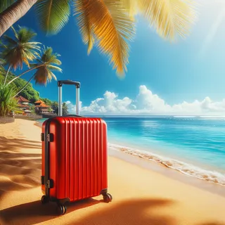 Изображение на Бали с солнечным побережьем и красным туристическим чемоданом