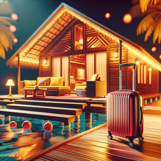уютный гостевой дом на Мальдивах, красный туристический чемодан на колесиках, реалистичный кинематографический стиль