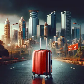 Изображение (не иллюстрация) только в очень реалистичном кинематографическом стиле. На изображении должен присутстовать красный туристический чемодан на колесиках. На изображении не должно быть людей.. Тема изображения: Бангалор: силиконовая долина Индии