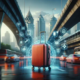 Изображение (не иллюстрация) только в очень реалистичном кинематографическом стиле. На изображении должен присутстовать красный туристический чемодан на колесиках. На изображении не должно быть людей.. Тема изображения: Мобильная связь и интернет в Бангкоке — операторы, тарифы, как подключить, советы для туристов