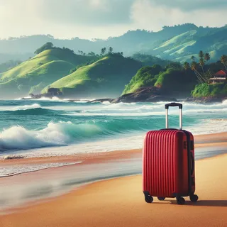 Тропический пляж с волнами и красным туристическим чемоданом на колесиках на фоне зеленых холмов Шри-Ланки