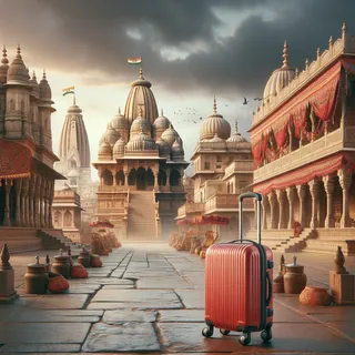 Изображение (не иллюстрация) только в очень реалистичном кинематографическом стиле. На изображении должен присутстовать красный туристический чемодан на колесиках. На изображении не должно быть людей.. Тема изображения: Вриндаван – сердце духовной Индии: История, храмы и традиции