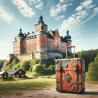 Мастерски изображенный уставший красный туристический чемодан на колесиках, стоящий на фоне старинного шведского замка в окружении густой зелени и голубого неба