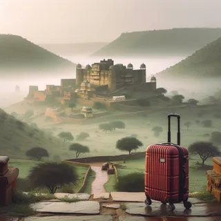 Форт Читторгарх в туманное утро с зелеными холмами на заднем плане и красным туристическим чемоданом на колесиках