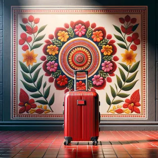красный туристический чемодан, стоящий возле традиционного настенного рисунка Колам с цветами, кинематографический гиперреализм, без людей