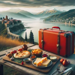 Кинематографическое изображение красного туристического чемодана на фоне приморского пейзажа в Грузии, с сыром и хачапури на пикниковом столе