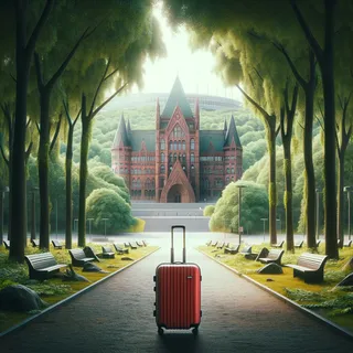 Очень реалистичное кинематографическое изображение Музея Васа в окружении густого парка, с красным туристическим чемоданом на колесиках в центре кадра, без людей