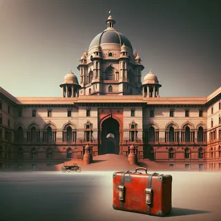 Фасад Раштрапати-Бхаван с красным чемоданом перед ним