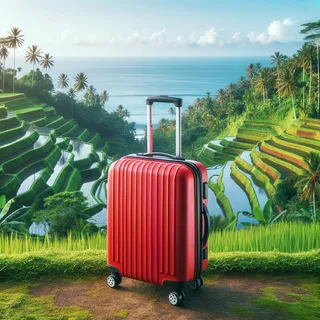 Фотография красного туристического чемодана на колесиках на фоне живописных рисовых террас и океана на Бали