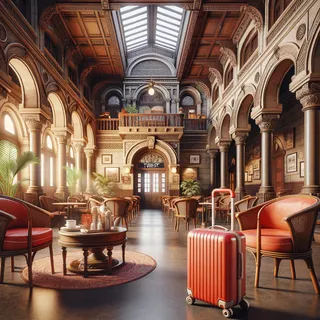 Реалистичное изображение туристического кафе с исторической архитектурой в Мумбаи, Индия, атмосферный интерьер с антикварной мебелью, красный туристический чемодан на колесиках стоит около входа