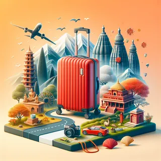 Изображение в очень реальном стиле. На нём должен присутстовать красный туристический чемодан. На изображении не должно быть ни одного человека.. Тема изображения: Лучшее время для поездки в Ришикеш: Гид по сезонам