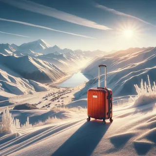 Горнолыжный курорт Гудаури с панорамным видом на заснеженные горы, солнечный день, красный туристический чемодан на колесиках на покрытой снегом склоне, реалистичный кинематографический стиль