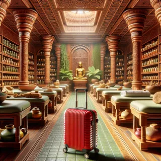 Красный туристический чемодан на колесиках стоит на фоне детализированного аюрведического спа-салона с полками, заполненными травами и маслами. Массажные столы выложены полотенцами и травяными смесями, создавая атмосферу полного погружения в ритуалы древней Индии. День, яркий свет, высокая четкость. Антураж салона передает ощущение спокойствия и гармонии.