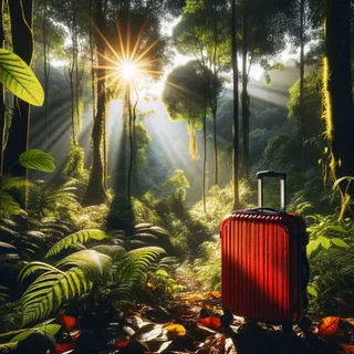 Красивая индийская природа с красным туристическим чемоданом на колесиках, находящимся на переднем плане, солнечные лучи пробиваются сквозь густую листву