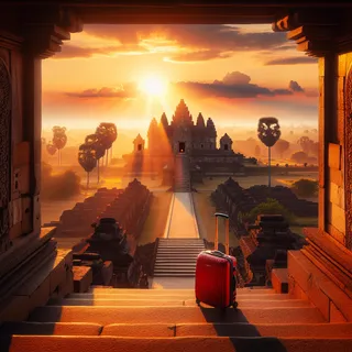 Панорамный вид старого храма с красным туристическим чемоданом на колесиках у его ступенек под лучами закатного солнца