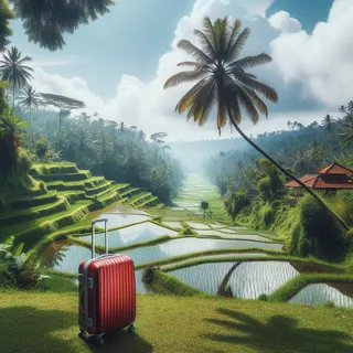 Панорамный вид на буйную тропическую природу Бали в окружении рисовых полей, с красным туристическим чемоданом на колесиках, стоящим на траве под наклоненной пальмой