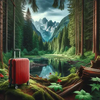 Кинематографическое изображение дикой природы в густом лесу, окруженном горами, с красным туристическим чемоданом на колесиках на переднем плане
