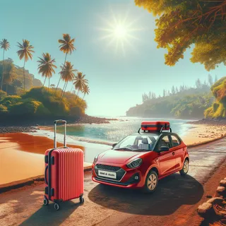 Очень реалистичное изображение автомобиля на прокат и красного туристического чемодана на колесиках на фоне экзотического пейзажа Гоа, Индия