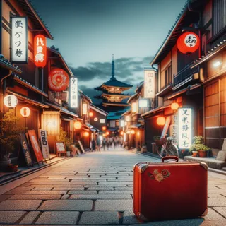 Вид на старинную улицу в японском городе с красным чемоданом на переднем плане. Ночью, мягкое освещение, старинные здания и неоновые вывески вдалеке.