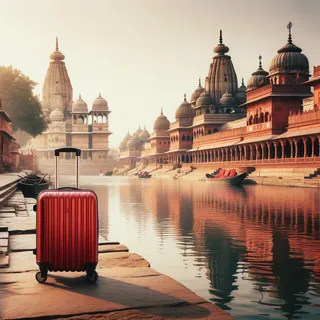 Вриндаван, красный туристический чемодан на колесиках, древние храмы, река Ямуна в фокусе