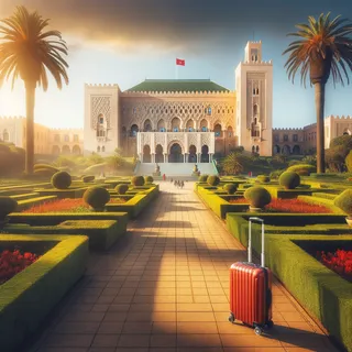 Королевский дворец в Рабате, залитый солнечным светом, перед которым находится участок с пышной зеленью и красный туристический чемодан на колесиках