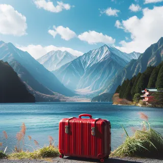 Японские горы и озёра с красным чемоданом на переднем плане