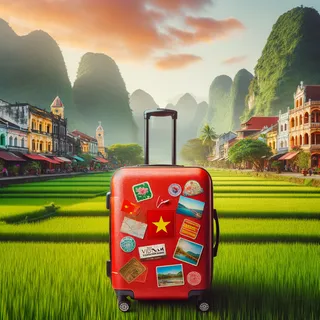 Изображение красного туристического чемодана в кинематографическом стиле на аутентичном фоне Вьетнама. На изображении нет людей.