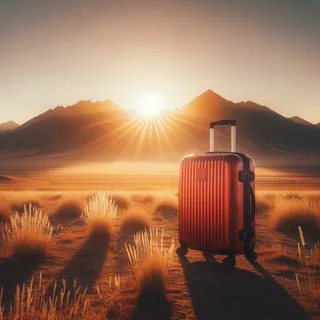 Красный туристический чемодан на колесиках на фоне бескрайних казахских степей, залитых золотым вечерним солнцем, с горным хребтом на горизонте