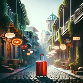 Изображение (не иллюстрация) только в очень реалистичном кинематографическом стиле. На изображении должен присутстовать красный туристический чемодан на колесиках. На изображении не должно быть людей.. Тема изображения: Топ-5 лучших баров Тбилиси