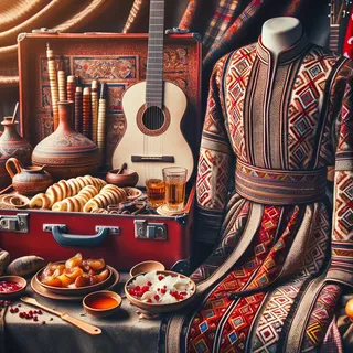 Грузинский костюм со сложными узорами на фоне красного чемодана на колёсиках, рядом традиционные музыкальные инструменты и блюда грузинской кухни кинематографический стиль