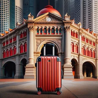 Реалистичное изображение современного туристического чемодана с красным корпусом на фоне исторического здания в Сингапуре