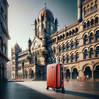 гиперреалистичное изображение, показывающее красный туристический чемодан на колесиках, стоящий перед внушительным зданием Главпочтамта Мумбаи