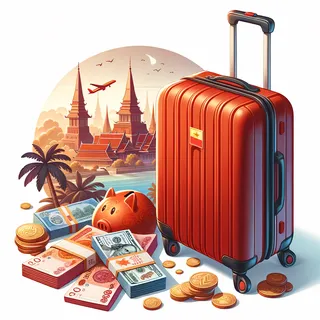 туристический красный чемодан, возле него лежат деньги вьетнамские донги и рубли, в реальном стиле
