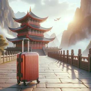 реалистическая фотография красного туристического чемодана на колесиках перед буддийским храмом в горах, без людей на изображении, кинематографический стиль