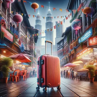 Изображение (не иллюстрация) только в очень реалистичном кинематографическом стиле. На изображении должен присутстовать красный туристический чемодан на колесиках. На изображении не должно быть людей.. Тема изображения: Куала-Лумпур в январе: лучшие достопримечательности, праздники и развлечения