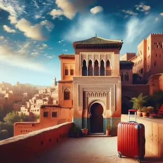 Традиционное марокканское жилище с красным туристическим чемоданом на фоне лазурного неба и древних городских стен