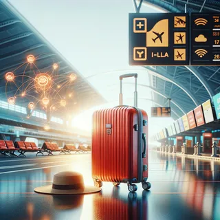 _очень реалистичный кинематографический стиль, красный туристический чемодан, Шри-Ланка, аэропорт, мобильный оператор_