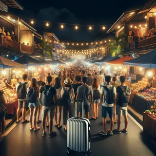 Пхукетский уличный рынок ночью, освещенные торговые палатки, туристический чемодан на колесиках