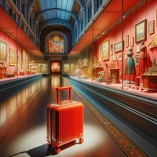 Изображение музея с яркими экспонатами и красным туристическим чемоданом на колесиках