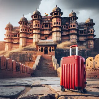 Фотография красного туристического чемодана, стоящего возле древней крепости в Индии