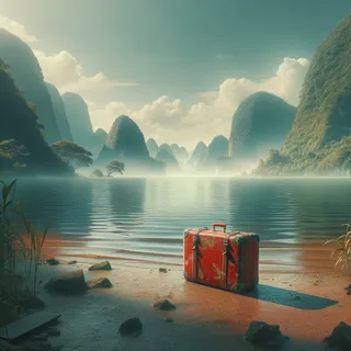 Вьетнамское озеро с красным чемоданом на берегу, реалистичное кино-стиль