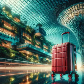 Кинематографическое изображение красного туристического чемодана на колесиках в аэропорту Чанги, возле современного фасада комплекса Jewel